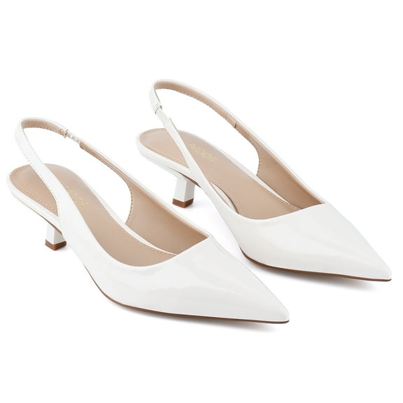 JENN ARDOR Women's Low Slingback Heels Strap Pump Pointed Toe Comfortable Formal Party Wedding Dress Shoes White