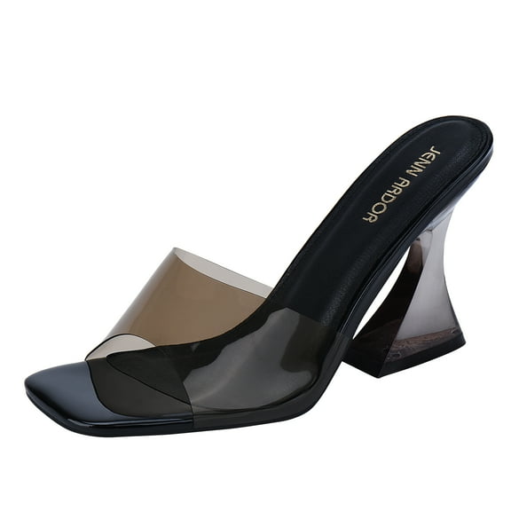 JENN ARDOR Women’s Slides Sandals Transparent Trendy Clear Mid Heel Sandals Slip On Shoes Chunky Summer Slides Mules Dress Square Toe Backless