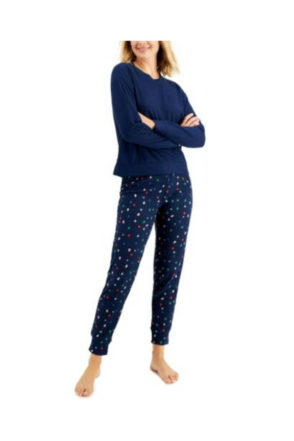 Sets Navy Textured Solid Long Sleeve Crew Neck T-Shirt Cuffed Sleepwear Size L