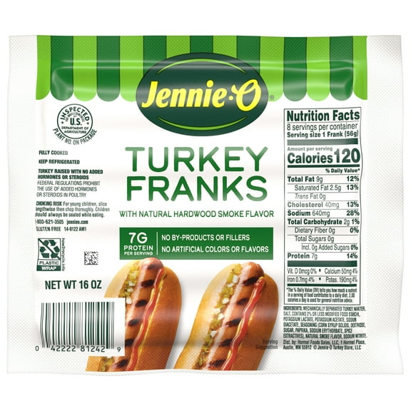 JENNIE-O Turkey Hot Dogs, *40% Less Fat (8 Turkey Franks), Refrigerated, 16 oz Plastic Package