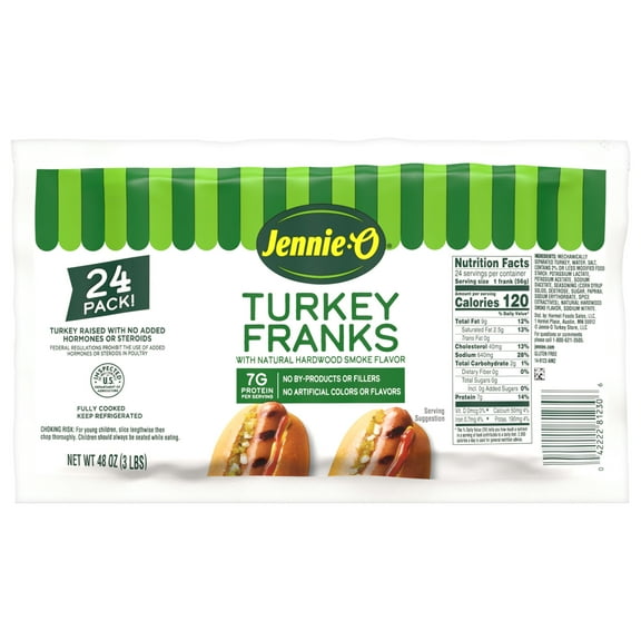 JENNIE-O Turkey Hot Dogs, *40% Less Fat, Refrigerated, 3 lb Plastic Package (24 Turkey Hot Dogs)