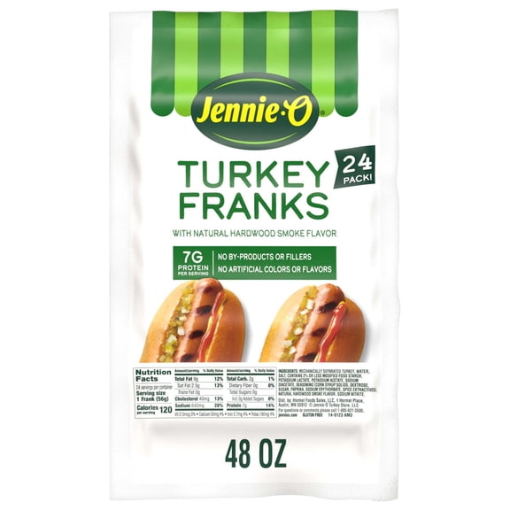 JENNIE-O Turkey Hot Dogs, *40% Less Fat, Refrigerated, 3 lb Plastic Package (24 Turkey Hot Dogs)