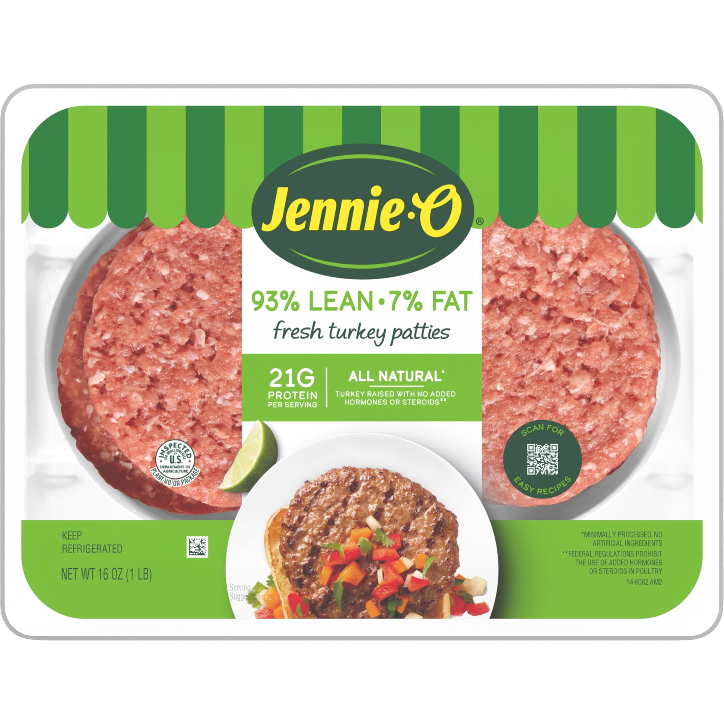JENNIE-O Fresh Lean Ground Turkey Patties, 93% Lean/7% Fat, All Natural, Refrigerated, 16 oz Plastic Tray (4 Patties)