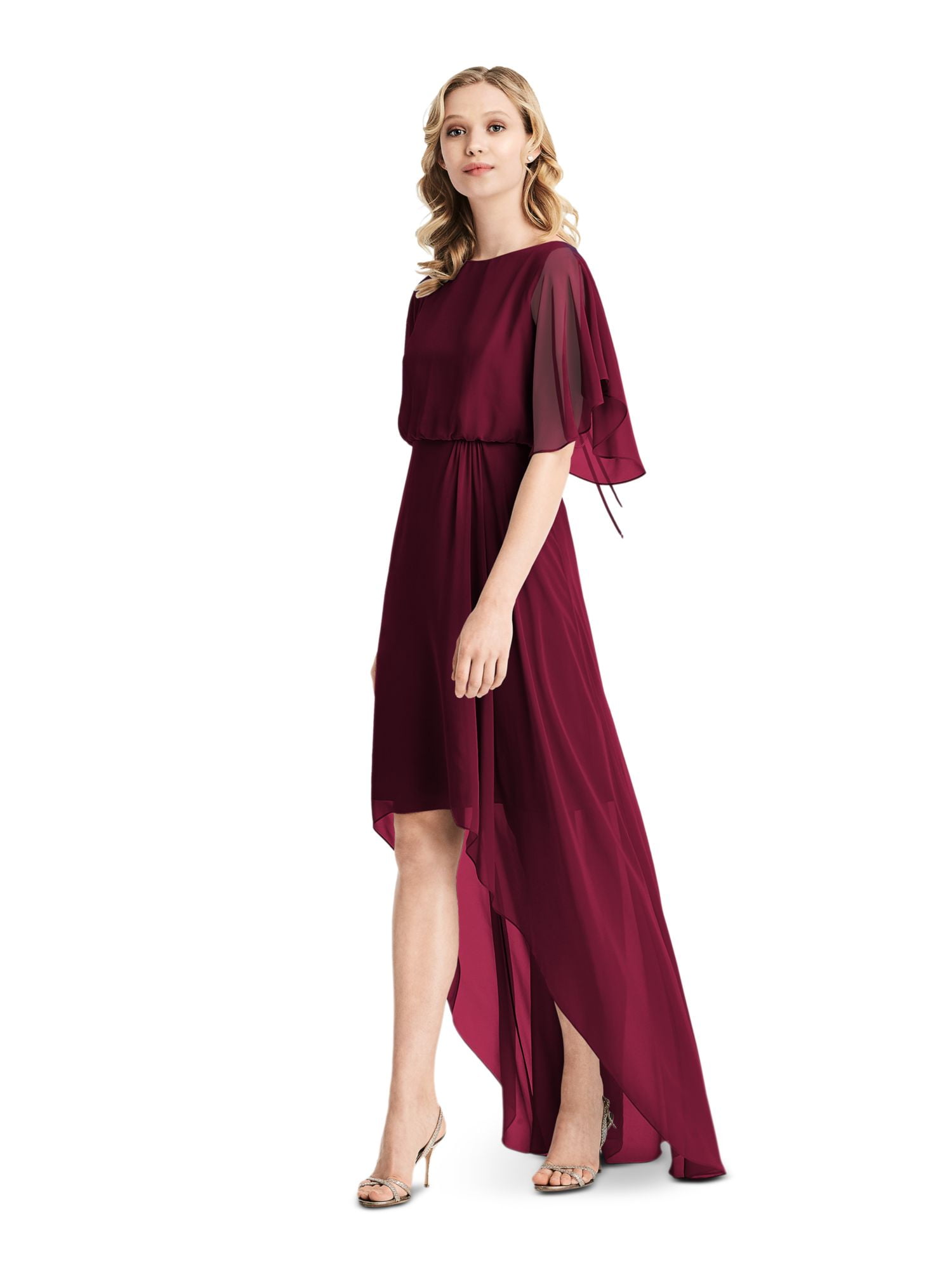 JENNY PACKHAM BRIDESMAIDS Womens Maroon Zippered Tie Hi lo Sheer Lined Open Back Elbow Sleeve Round Neck Full Length Evening Blouson Dress 0 Walmart