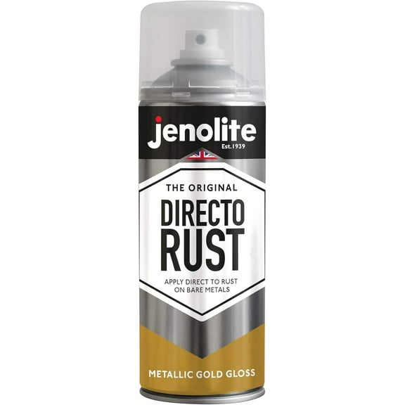 JENOLITE Directorust Spray Paint for Metal - GOLD - Metallic Gloss Finish for Indoor and Outdoor use - Multi-Surface for Metal, Plastic, Ceramic, Wood & Rusted Surfaces - 400ml 13.52fl oz