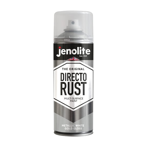 JENOLITE Directorust Spray Paint for Metal - WHITE GOLD - Metallic Gloss Finish for Indoor and Outdoor use - Multi-Surface for Metal, Plastic, Ceramic, Wood & Rusted Surfaces - 400ml 13.52fl oz