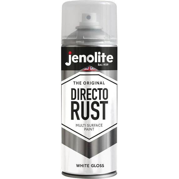 JENOLITE Directorust Spray Paint for Metal - WHITE - Gloss Finish for Indoor and Outdoor use - Multi-Surface for Metal, Plastic, Ceramic, Wood & Rusted Surfaces - 400ml 13.52fl oz, RAL9016