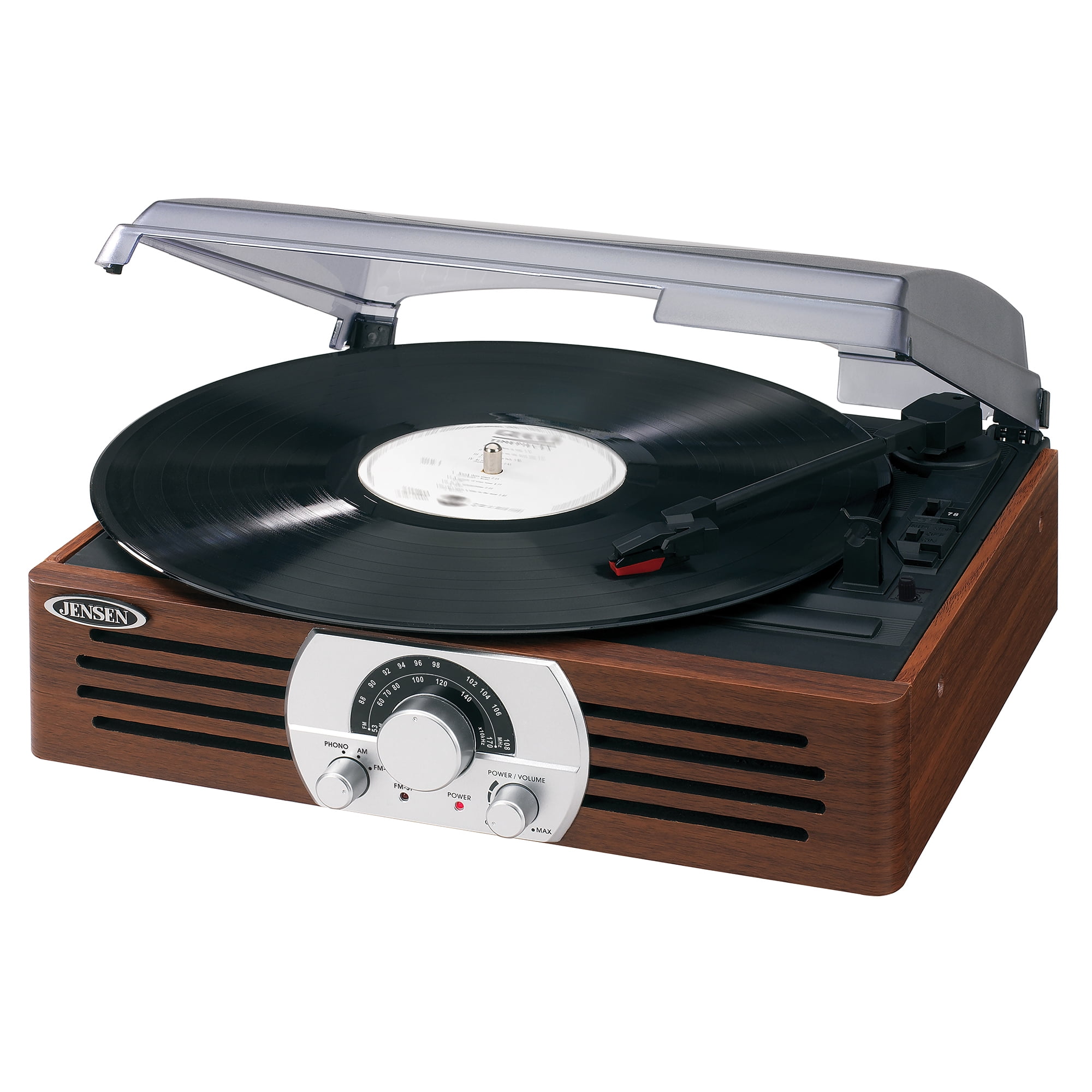 JENSEN 3-Watt 3-Speed Belt-Drive Manual Retro Turntable with Built-in Speakers, Pitch Control, AM/FM Radio, Antique Wood Case Design, JTA-222