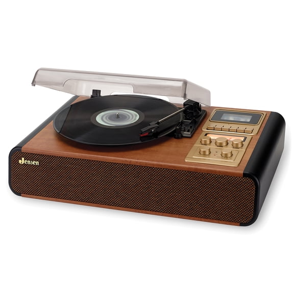 JENSEN 4-Watt 3-Speed Belt-Drive Manual Turntable with Built-in Speakers, Bluetooth, Cassette Player/Recorder, AM/FM, and 45-RPM Adapter