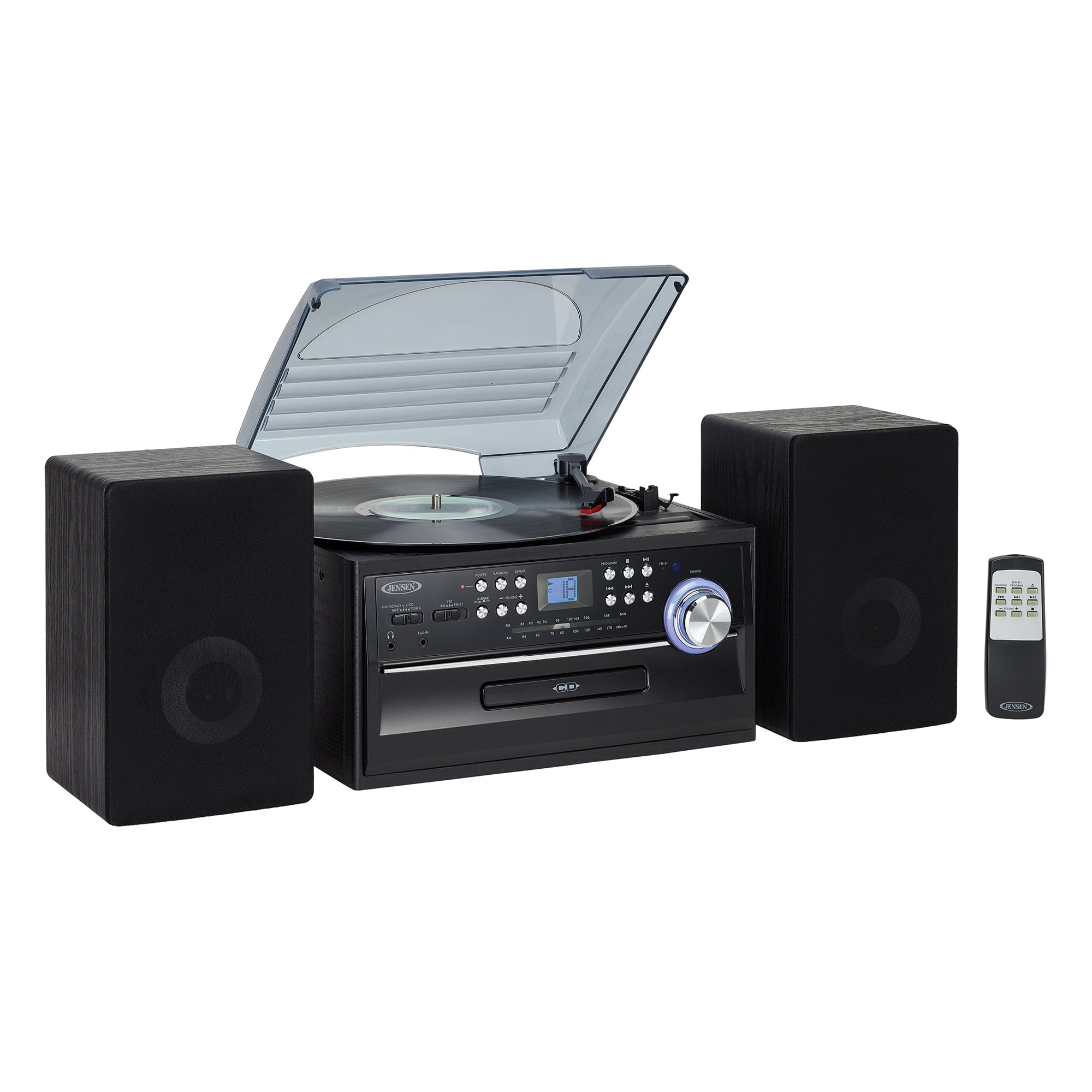 JENSEN 6-Watt-RMS 3-Speed Belt-Drive Manual Turntable with Detached Stereo Speakers, Pitch Control, CD/Cassette/AM/FM/Aux, Remote, JTA-475