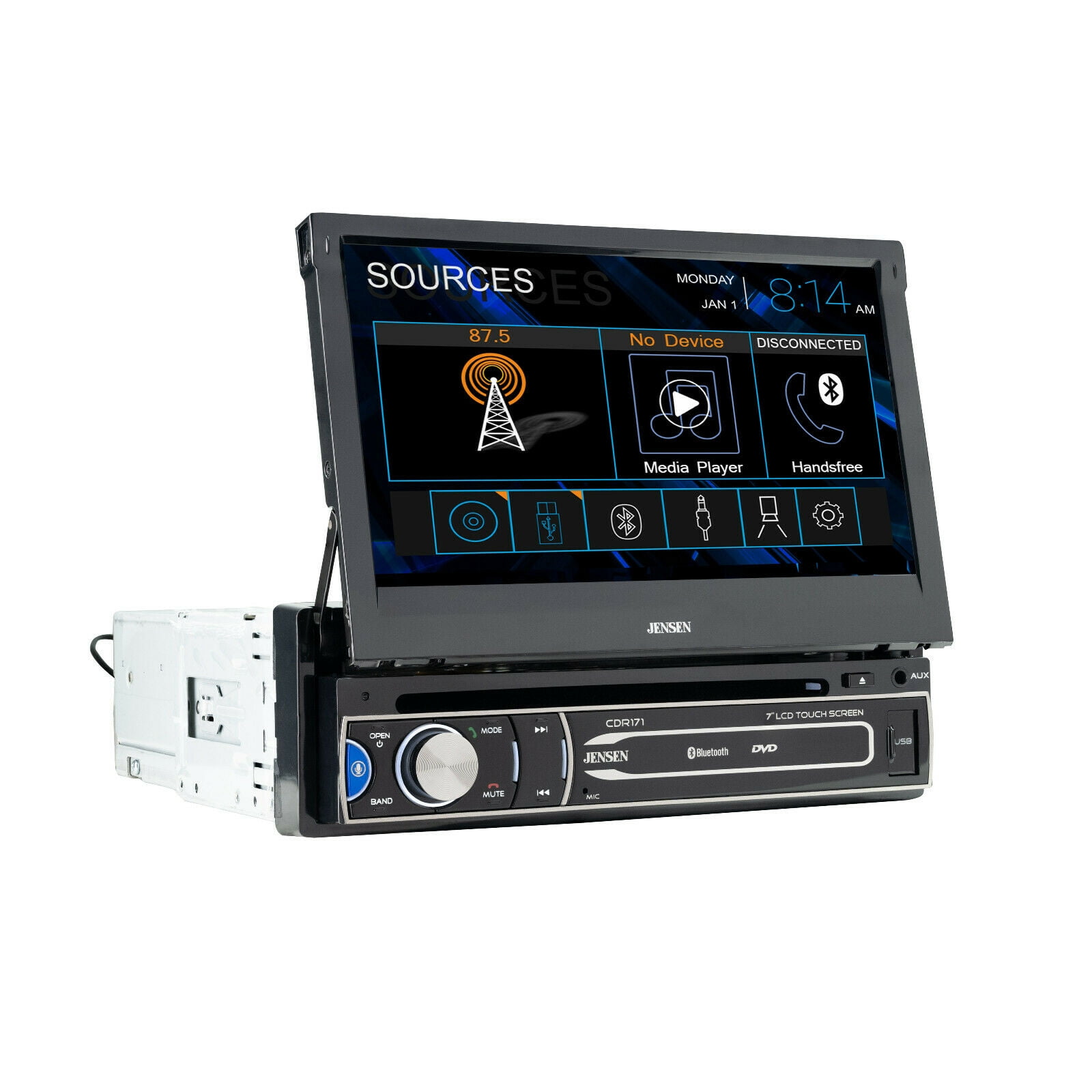JENSEN CDR171 7 inch Single DIN Car Stereo Radio  AM/FM Motorized Flip Out  LED Media Touch Screen 