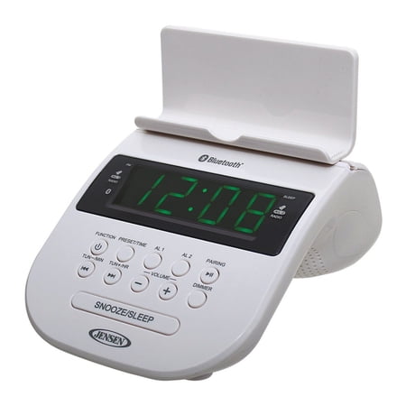 JENSEN JCR295W WHITE BLUETOOTH CLOCK RADIO WITH CELLPHONE
