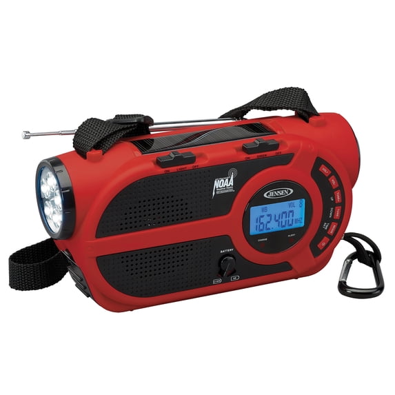 JENSEN JEP-650 Portable Digital AM/FM Weather Radio with Weather Alert, Flashlight, and 4-Way Charging, Red, JEP-650