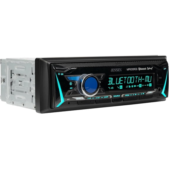 JENSEN MPR210RGB | 12-Character LCD Single DIN Car Stereo | RGB Custom Colors | Push to Talk Assistant | Bluetooth Hands Free Calling Music Streaming | AM/FM Radio | USB Playback & Charging
