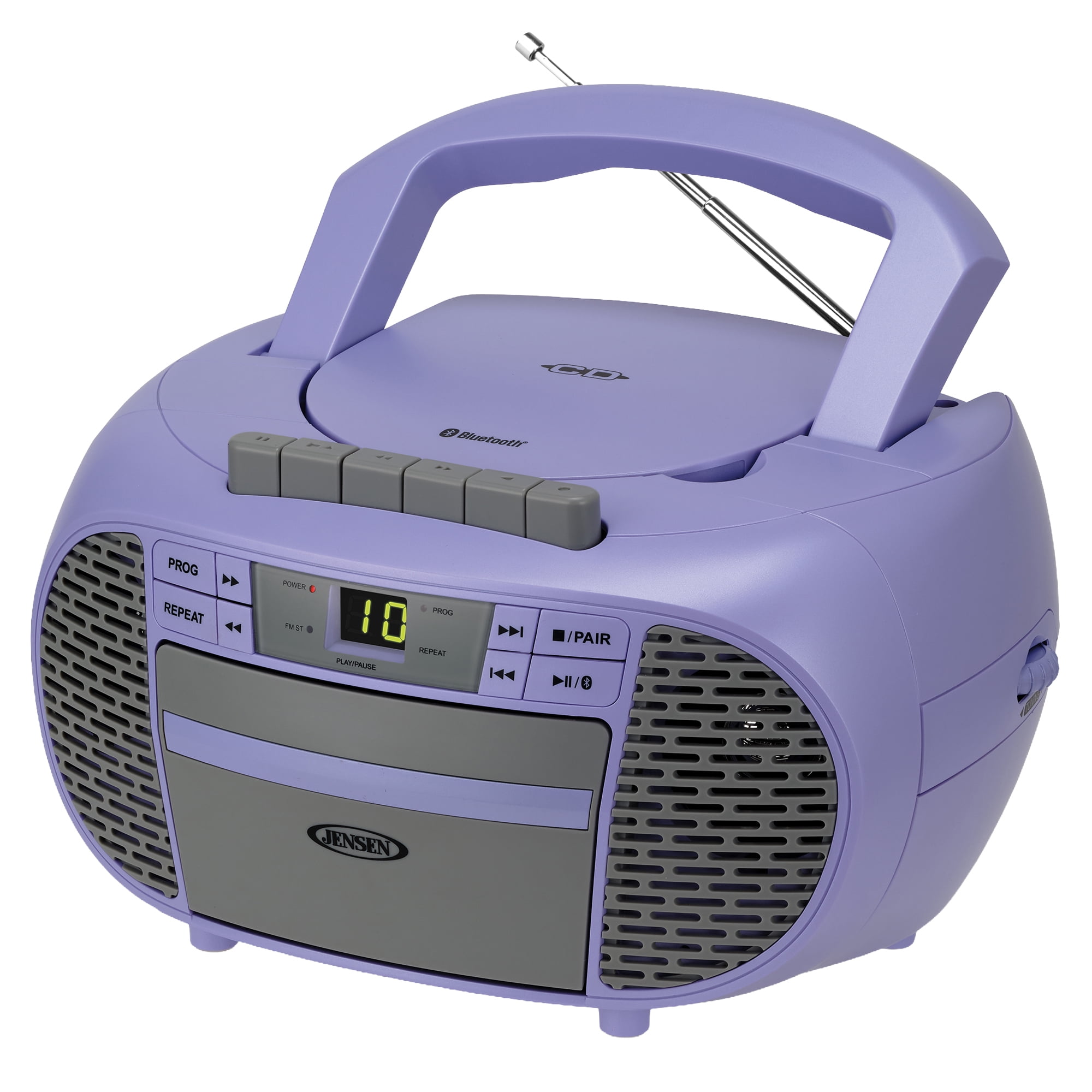JENSEN Portable Bluetooth CD Music System with Built-in Speakers, Cassette Player/Recorder, AM/FM Radio, and Aux, CD-550ABT , Purple