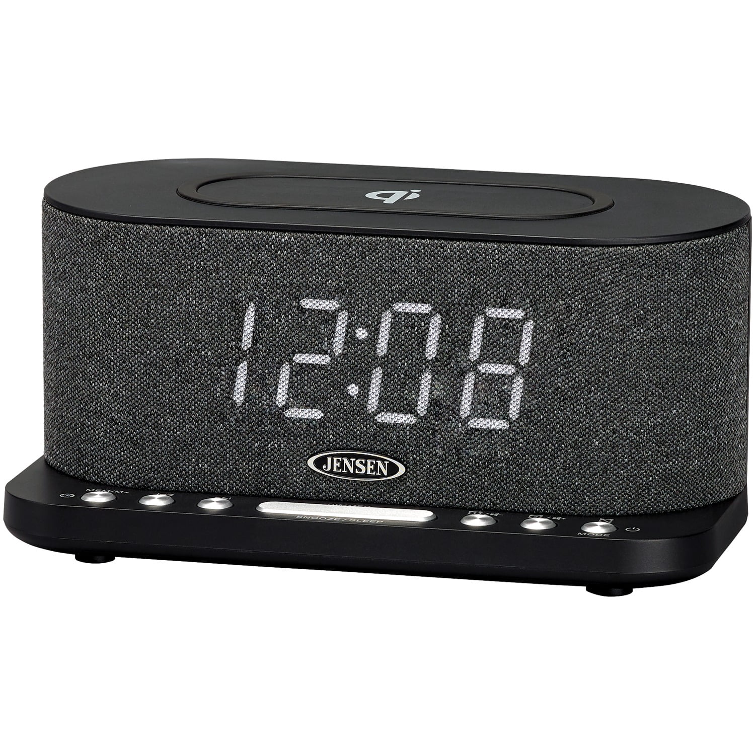 JENSEN FM Digital Dual-Alarm Clock Radio with Large Display, Wireless Qi and USB Charging, Aux Input, and Battery Backup, QiCR-50