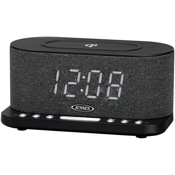 JENSEN FM Digital Dual-Alarm Clock Radio with Large Display, Wireless Qi and USB Charging, Aux Input, and Battery Backup, QiCR-50