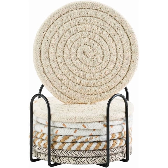 8PCS Cotton Coasters for Coffee Table with Holder, Fabric Drink Coasters Absorbent Office Desk, Boho Coasters for Drinks, Round Cotton Woven Coasters for Car Home - 4.3inch, Beige Series