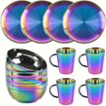 thumbnail image 1 of JEPISADI  12-piece colorful stainless steel cutlery set, reusable cutlery. Four sets of bowls, four sets of cups, four sets of plates. Perfect for family dinners. Dishwasher safe., 1 of 7