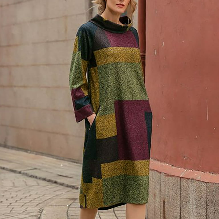 JERDAR Fall and Winter Dresses for Women Women Fashion Retro Printed Loose  Mid-length Long Sleeve Dress Crewneck Oversized Loose Long Pullover Sweater  Dress 