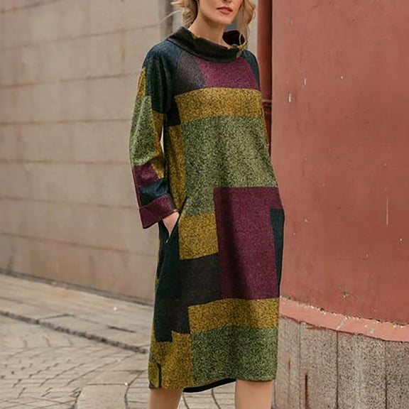 JERDAR Fall and Winter Dresses for Women Women Fashion Retro Printed Loose Mid-length Long Sleeve Dress Crewneck Oversized Loose Long Pullover Sweater Dress