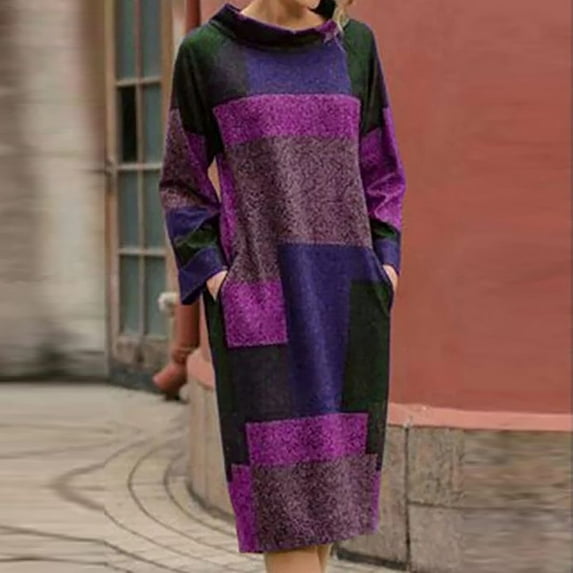 Zpanxa Fall and Winter Dresses for Women Women Fashion Retro Printed Loose Mid-length Long Sleeve Dress Crewneck Oversized Loose Long Pullover Sweater Dress