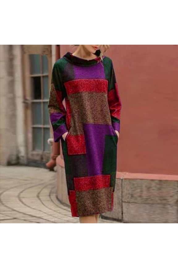 Fall and Winter Dresses for Women Women Fashion Retro Printed Loose Mid-length Long Sleeve Dress Crewneck Oversized Loose Long Pullover Sweater Dress