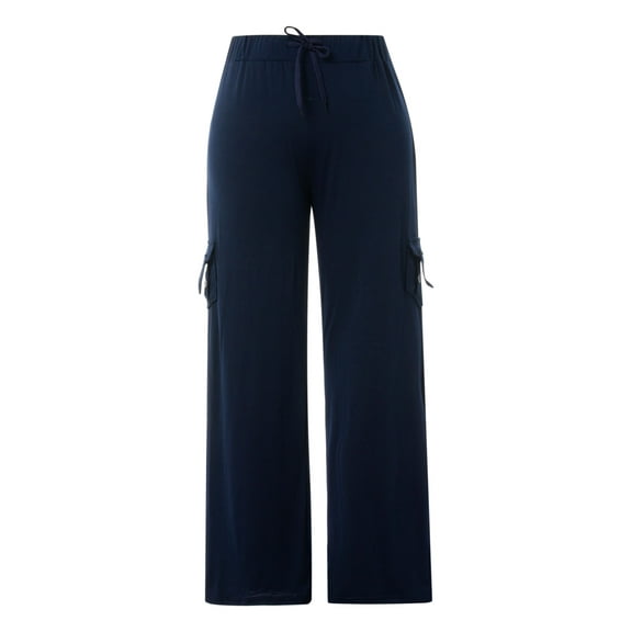 Zpanxa Women High Waist Casual Wide Leg Long Palazzo Pants Trousers Regular Size Navy