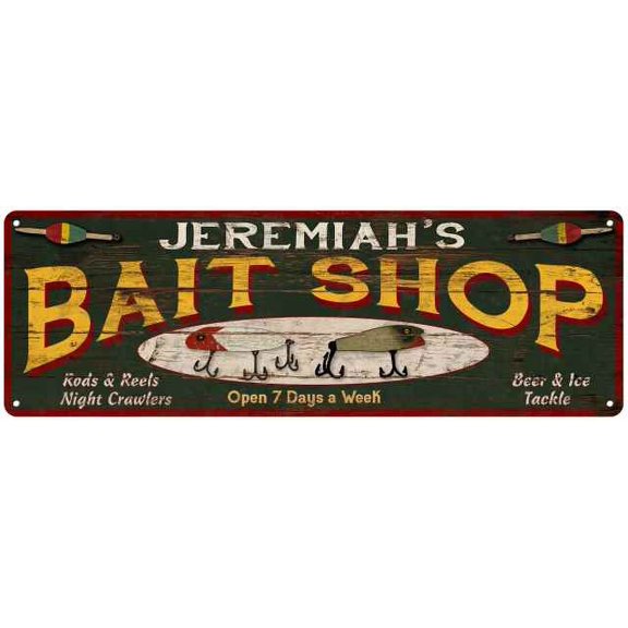 JEREMIAH'S Bait Shop Sign Wood Look Man Cave Den Gift 6x18 Metal 206180024314