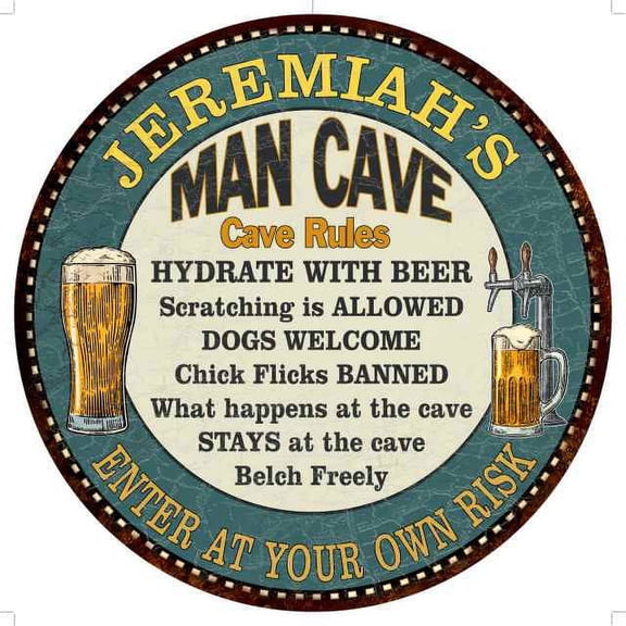 JEREMIAH'S Man Cave Rules 12" Round Metal Sign Garage Wall Decor 200120009469