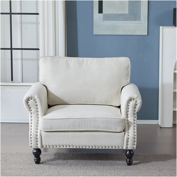 JERFIT 1-Seater Sofa with Nailhead Trim, Traditional Rolled Arm Faux Leather Couch for Living Room, Comfortable Beige Accent Chair with Wooden Legs