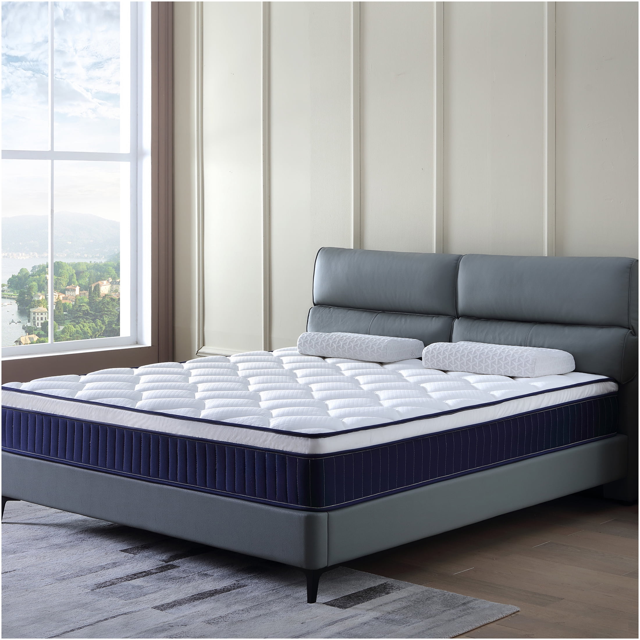 JERFIT 10 Inch Hybrid Mattress in a Box - King Size, Medium Firm Gel Memory Foam Pocket Springs, CertiPUR-US Certified, Fiberglass Free, Motion Isolation, Blue+Brown+White
