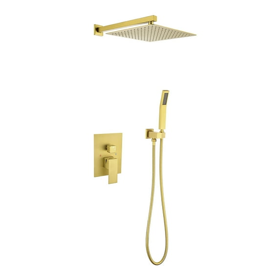 JERFIT 10 Inch Rain Shower System Wall Mounted in Brushed Gold, High Pressure Rainfall Showerhead with Handheld Shower, Brass Shower Faucet Set for Bathroom