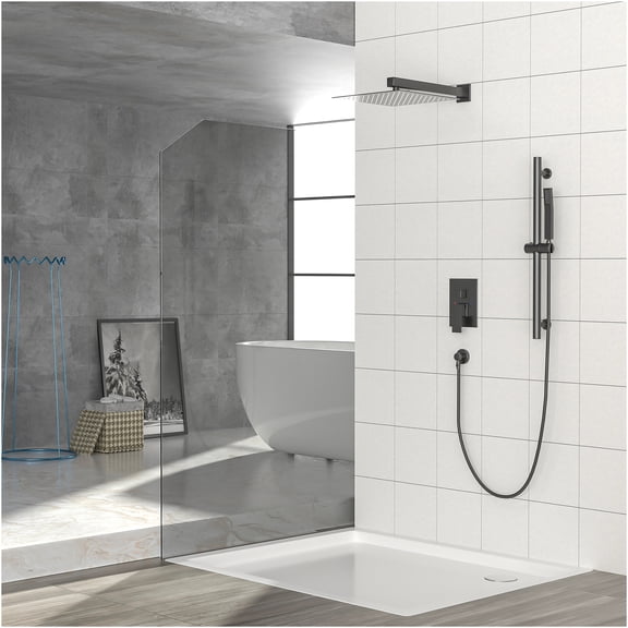 JERFIT 10" Matte Black Square Shower System with Pressure Balance Valve, Adjustable Slide Bar & Rainfall Shower Head