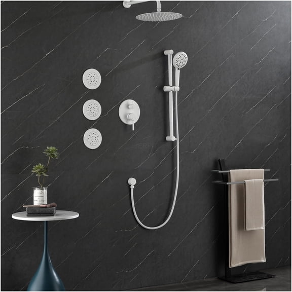 JERFIT 10" Rainfall Shower System Combo Set: Wall Mounted Polished Brass Main Shower Head, Handheld Spray, 4 Body Jets, Slide Bar, Diverter Trim with Lever Handles