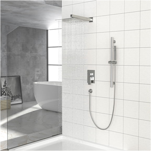 JERFIT 10" Wall Mounted Rainfall Shower System with Pressure Balance Valve, Adjustable Slide Bar & Handheld Spray, Brushed Nickel
