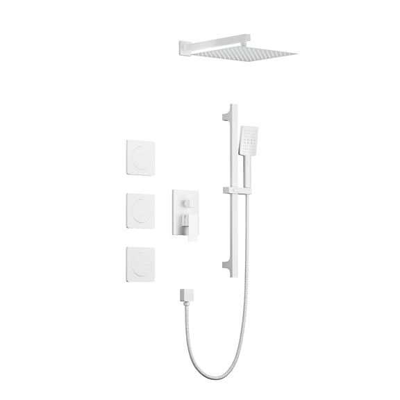 JERFIT 10 in 1 Luxury Rainfall Shower System Combo with Handheld Spray, Body Jets, Slide Bar, White Brass Thermostatic Mixer Valve Trim Kit