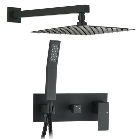 JERFIT 10-inch Matte Black Brass Dual Shower System with Rainfall Shower Head, Handheld Sprayer, Rough-in Valve & Diverter Switch