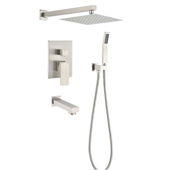 JERFIT 10-inch Rainfall Shower Combo Set, Wall Mounted Brass Shower System with Handheld Spray, Brushed Nickel Finish, High Pressure