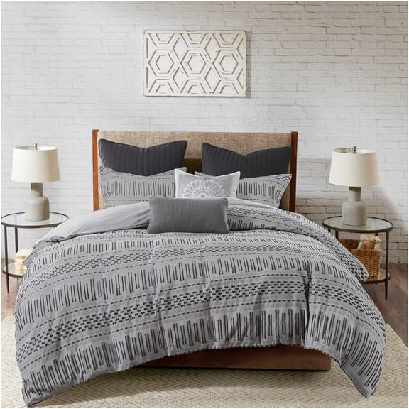 JERFIT 100% Cotton King Jacquard Comforter Set, Grey and Black Striped Farmhouse Bedding with Sham, OEKO-TEX Certified