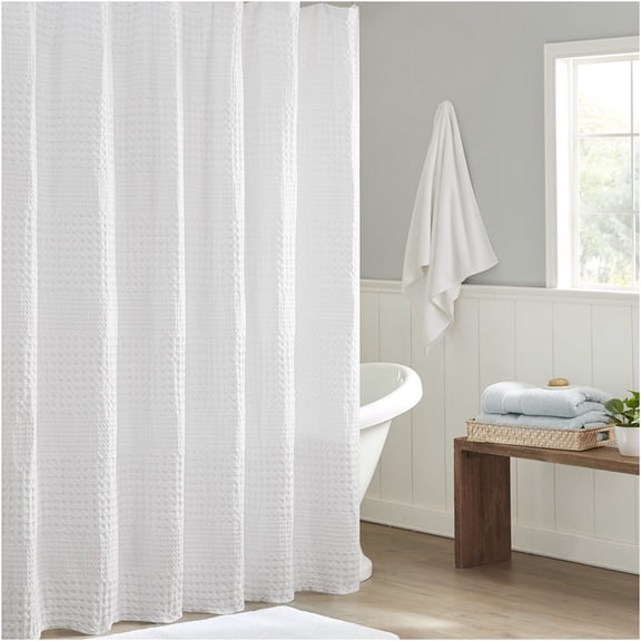 JERFIT 100% Cotton Waffle Weave Shower Curtain, White Textured Bathroom Decor, 72x72 Inches with 12 Button Holes, Spa-Like Drapability, Machine Washable