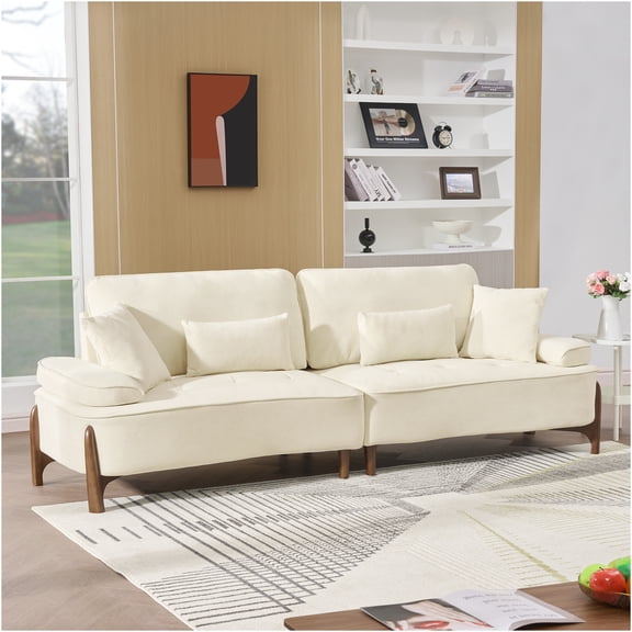 JERFIT 103" Beige Cloud Velvet Sofa with Pillows, Deep Seated Couch for Living Room, Bedroom, Apartment, Dorm, Office, Modern 3-Seater Foam Sofa