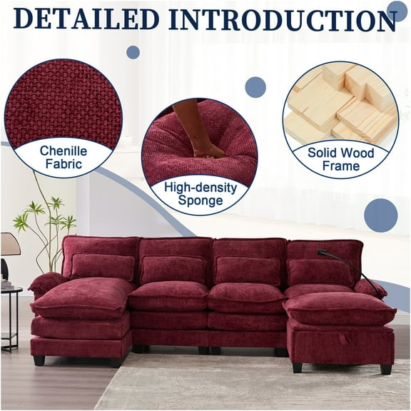 JERFIT 106" U-Shape Sectional Sofa with Storage Ottoman, USB Charging, Chenille Fabric, Modular Cloud Couch for Living Room, Wine Red