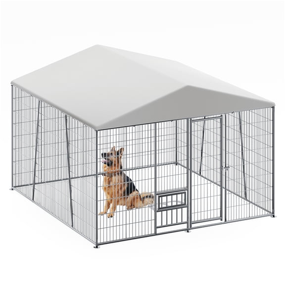 JERFIT 10x10ft Outdoor Metal Dog Kennel with Roof & Feeding Bowl, Heavy Duty Steel Wire Pet Cage Playpen for Large Dogs
