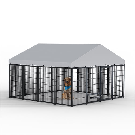 JERFIT 10x10x6ft Outdoor Dog Kennel with Roof Cover, Heavy Duty Iron Metal Dog Pen Cage Run Enclosure for Large Dogs, Waterproof & UV Resistant