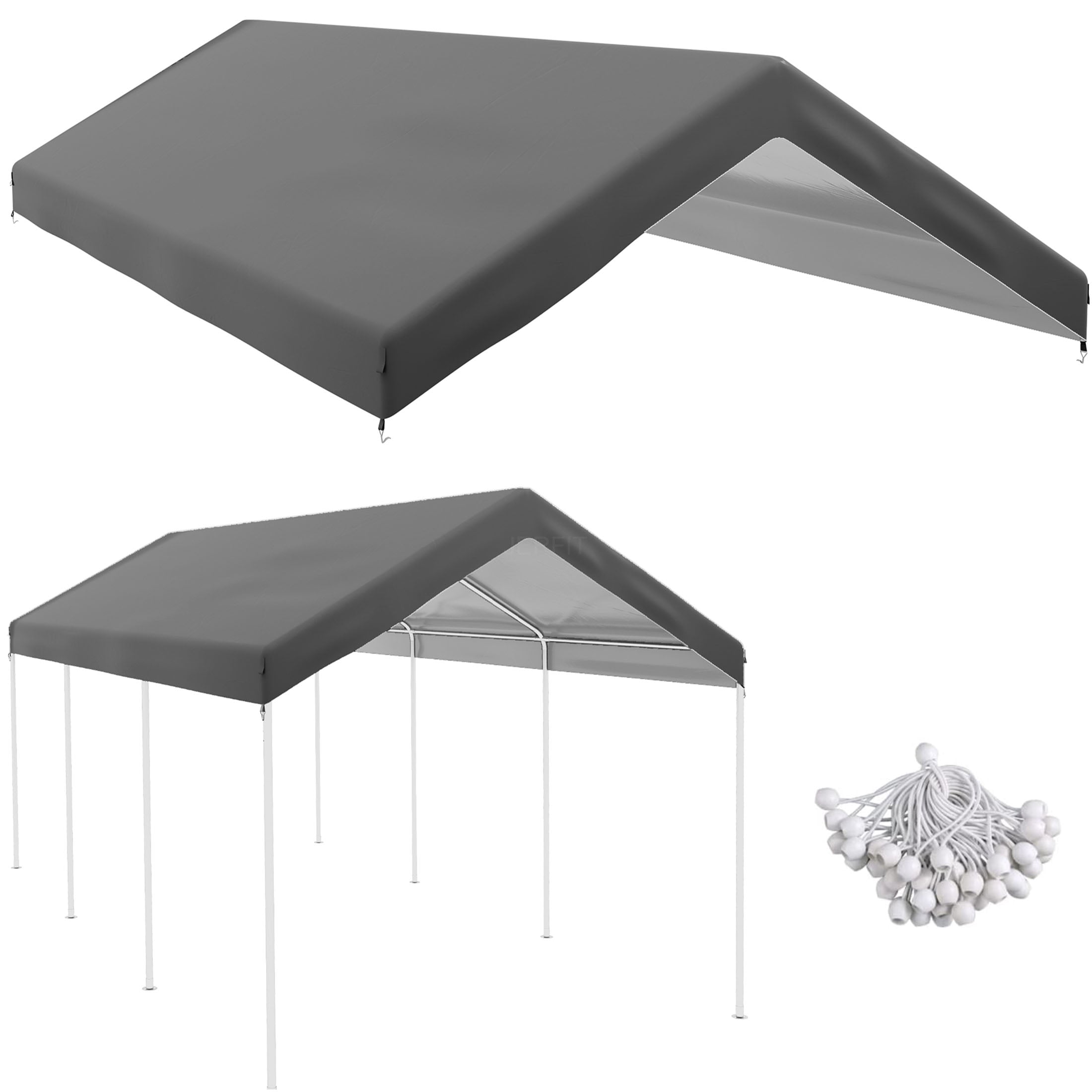 JERFIT 10x20 FT Carport Canopy Cover Replacement, Waterproof & UV Resistant Polyethylene Garage Shelter Top with Bungee Cords, Gray