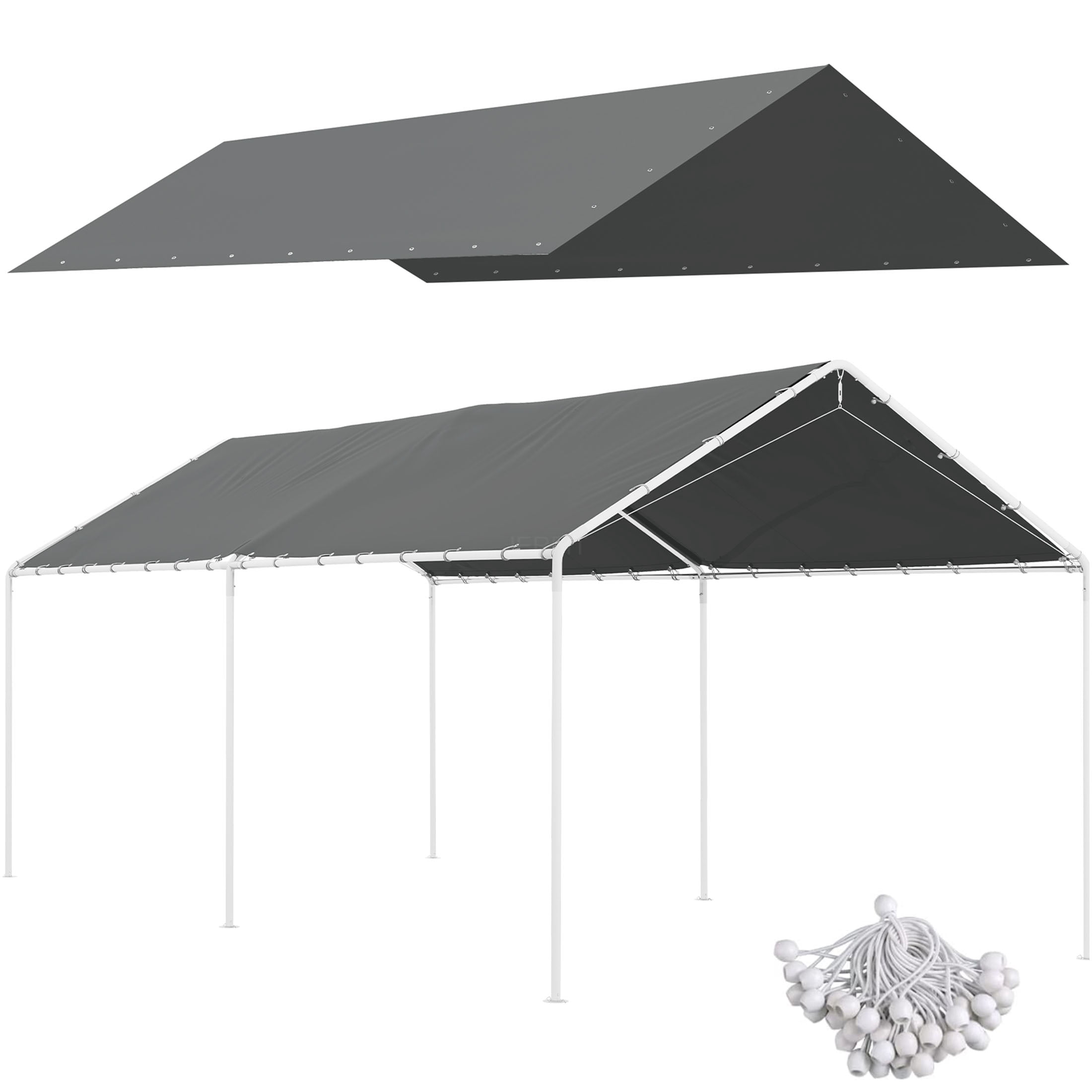 JERFIT 10x20 ft Carport Canopy Cover Replacement, UV Protected Waterproof Polyethylene Tarpaulin, Heavy Duty Portable Garage Shelter Roof with Bungee Cords, Gray