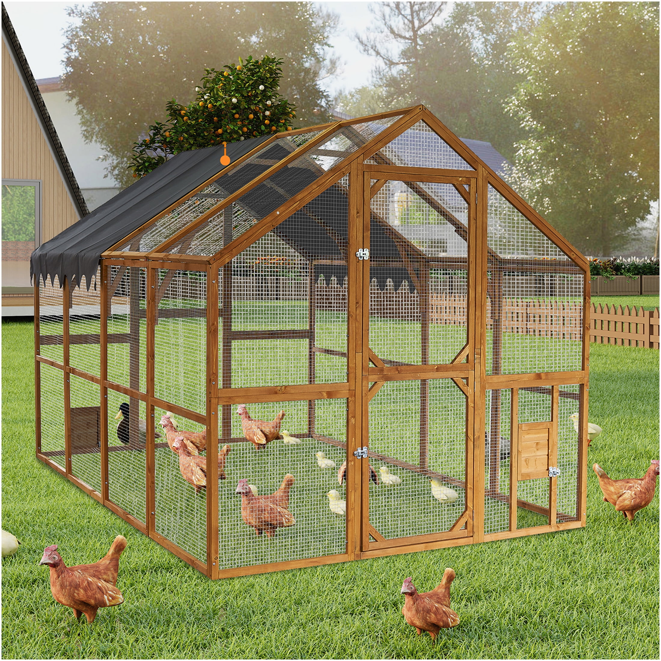 JERFIT 110" Large Outdoor Wooden Chicken Coop with Waterproof Roof, Yellow Cat Enclosure Playpen for Cats and Small Pets
