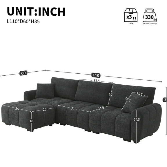 JERFIT 110" Modular L-Shaped Sectional Sofa with Ottoman, Boucle Fabric, Extra Deep Seats, Reversible Chaise, Modern Living Room Furniture, Black + Gray