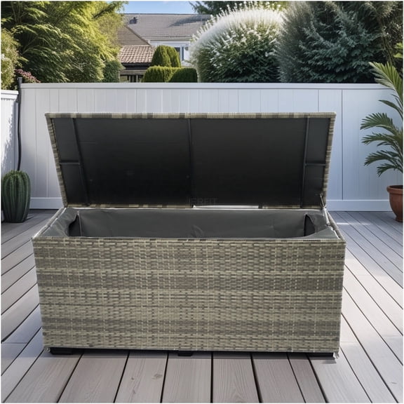 JERFIT 113 Gallon Grey Rattan Deck Box with Removable Waterproof Liner, Outdoor Storage Chest for Patio Furniture Cushions, Pool Toys, Pillows